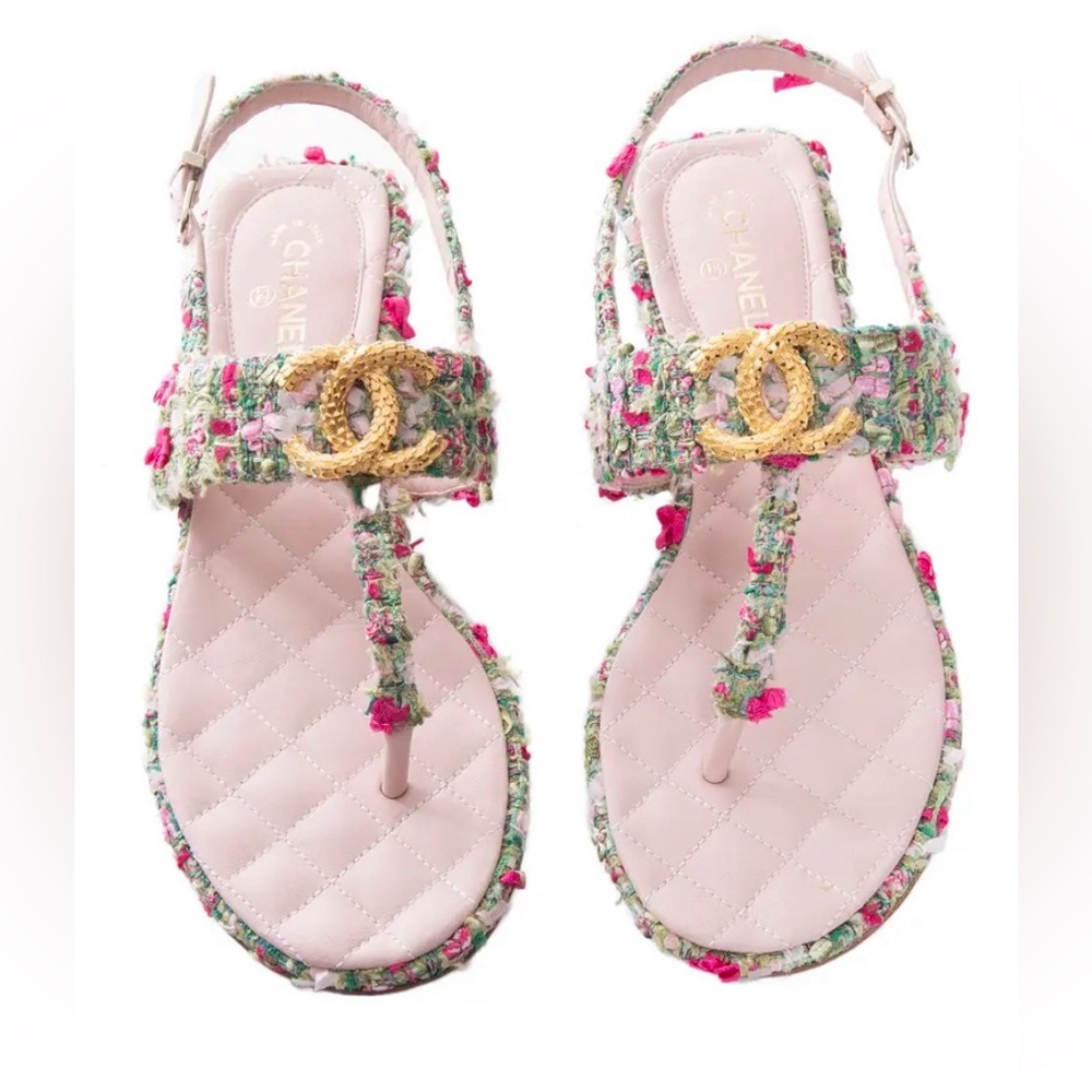 CHANEL Tweed CC Logo Thong Sandals